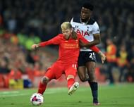 LIVERPOOL, ENGLAND - OCTOBER 25: Alberto Moreno of Liverpool (L) and Joshua Onomah of Tottenaham Hotspur (R) battle for possession during the EFL Cup fourth round match between Liverpool and Tottenham Hotspur at Anfield on October 25, 2016 in Liverpool, England.  (Photo by Jan Kruger/Getty Images)
